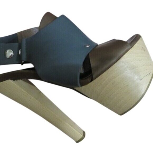 Marni Italian Leather Color Block Wooden Heeled Platform Slingback Studded Heels - Picture 8 of 14